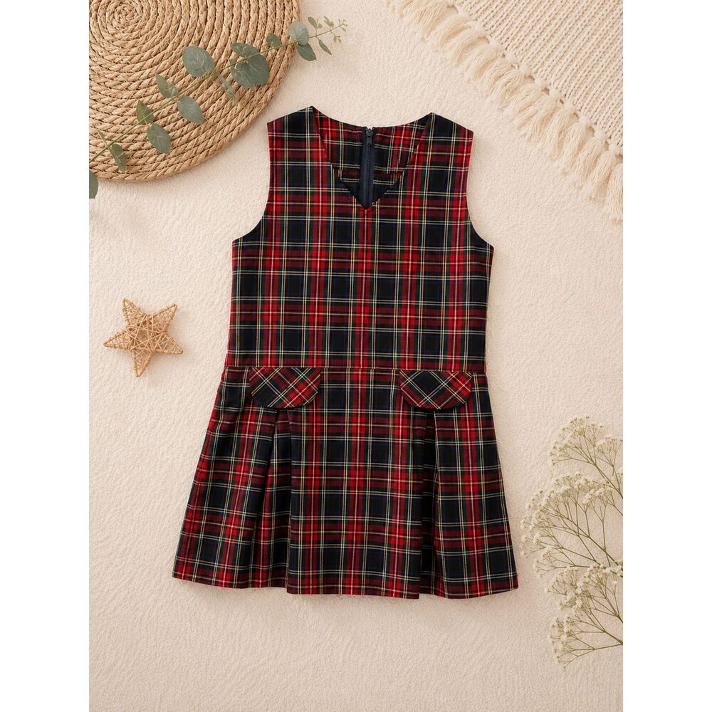 Vintage Dennis Made in USA Girls Plaid Jumper Dress Size 7 Red School Uniform